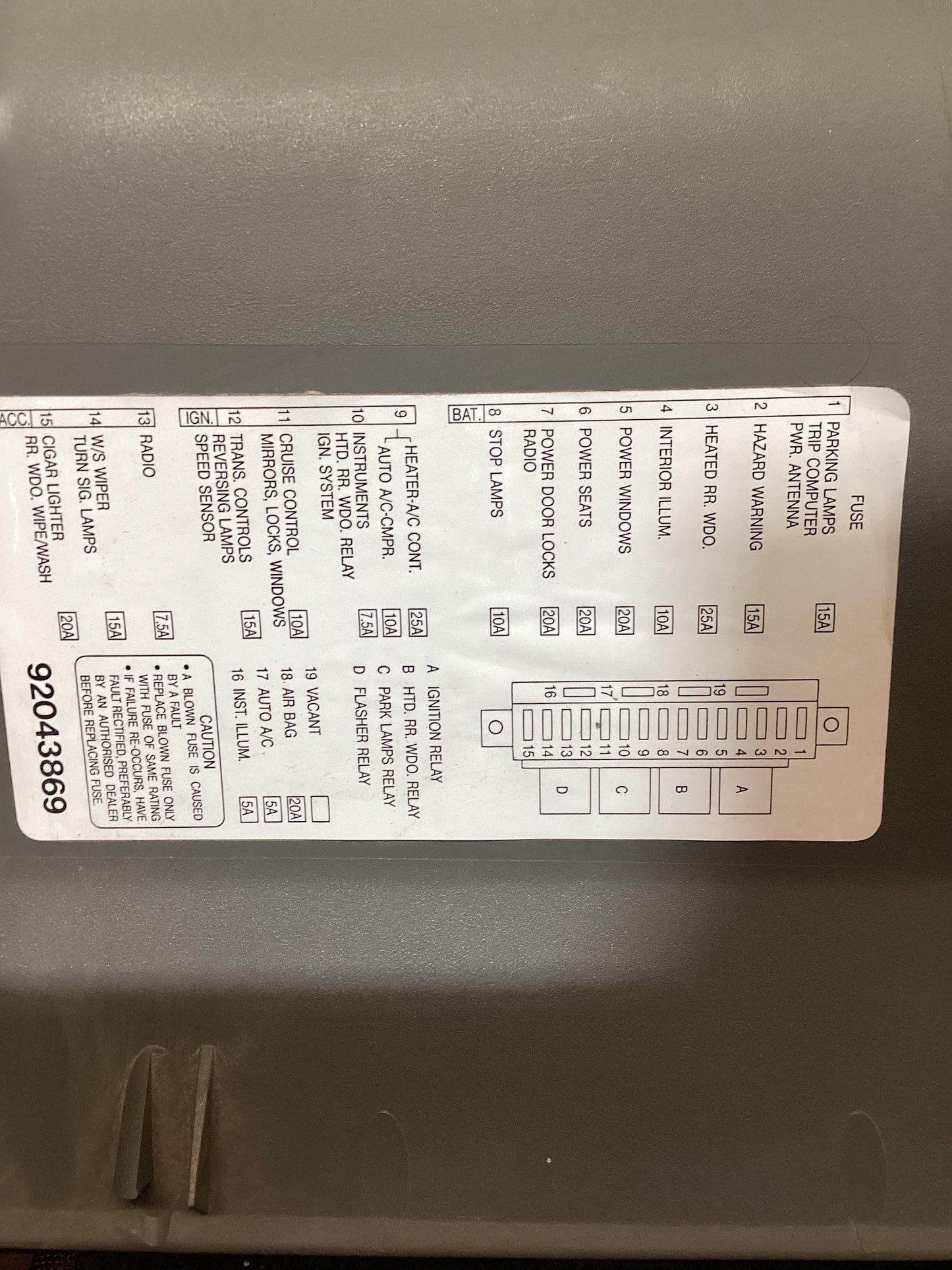 Holden Commodore VR  Interior Fuse Box Cover 92043869